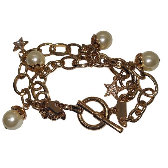 AVON Double Link Chain Bracelet Faux Pearls Star Charms Gold Tone - Picture 3 of 4